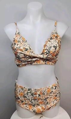 NWT Cupshe Two Piece Swimsuit Size Medium Cream Green Orange Purple Floral.