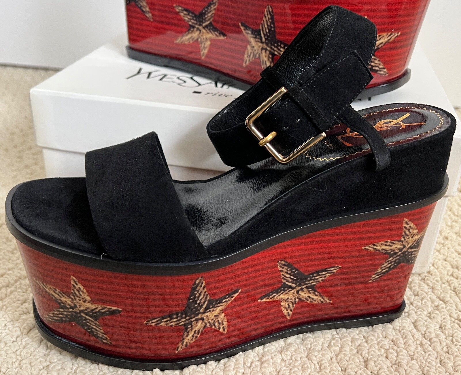 SAINT LAURENT Nuove con scatola décolleté a zeppa vintage palma pelle scamosciata nera stelle marine décolleté 38