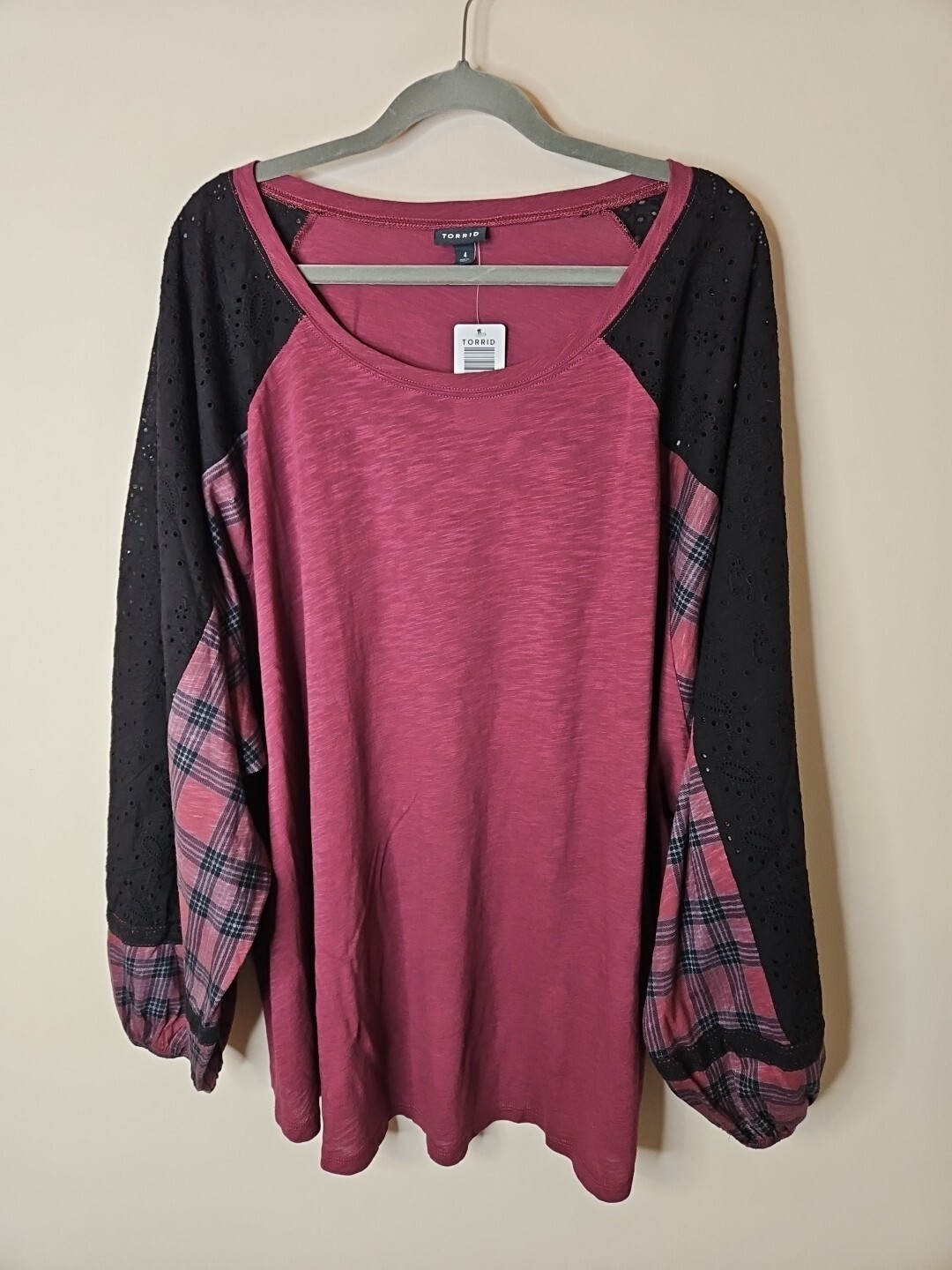 Torrid Blouse Women 4X Burgandy Cotton Modal Slub Crew Neck Raglan Eyelet