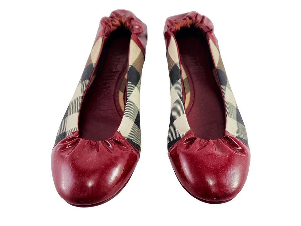 Burberry Rojo Charol Nova Check Lona Scrunch Ballet Pisos 36.5 EE. UU. 6.5 Foto 3 de 4