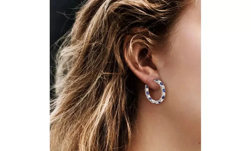 Pendientes de aro de plata de ley 925 blanco y zafiro circonita cúbica joyería regalo para mujer   Foto 3 de 4