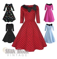 Vintage Dress 1950s 1960s Party Red Black Polka Dot Sleeve Collar Size UK 6-26