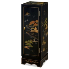 US Seller - Black Lacquer Chinoiserie Chinese Pedestal Cabinet