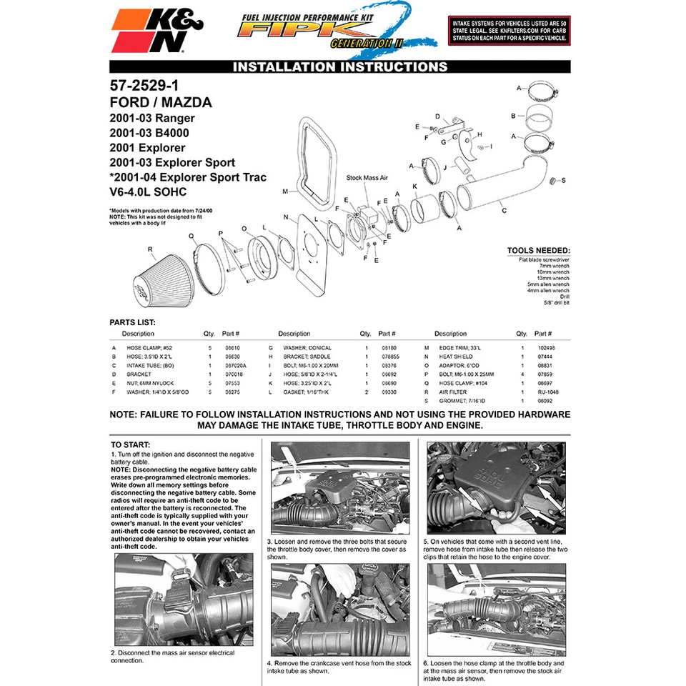 Entrada de ar frio K&N 57-2529-1 para 01-03 Explorer Sport / Ranger / B4000 4.0L V6 - Imagem 4 de 4