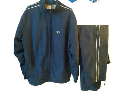 Reebok NWOT Track Suit Mens Size Large Navy Blue White Stripe Polyester Jog Gym