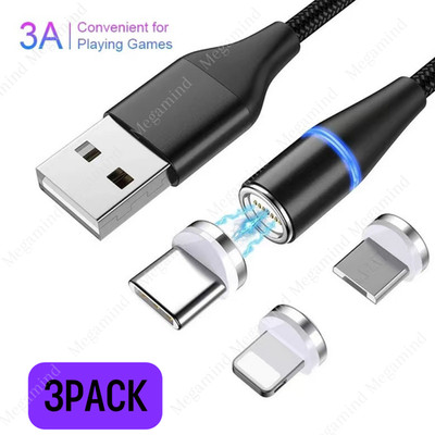 3 PACK Magnetic Phone Charger Fast Charging Cable For Micro USB/Type C/iPhone