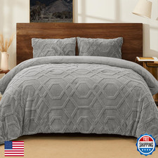PHF King Sherpa Fleece Comforter Set, 3D Tufted Grey Bedding, Warm Soft 2-Piec