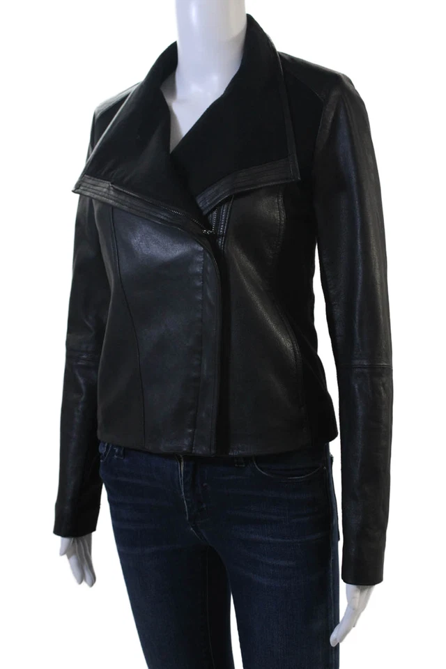 Chaqueta de motociclista de cuero Vince para mujer negra con cremallera talla S Foto 3 de 4