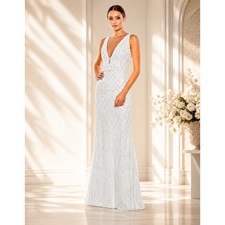 MacDuggal White Sequin Column Gown Bridal Formal Wedding Prom Event Dress 12 NWT