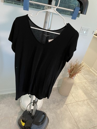 TAHARI Camicia Top Donna Taglia Large Manica Corta Nero Blu Argento Metallizzato - Foto 1 di 3