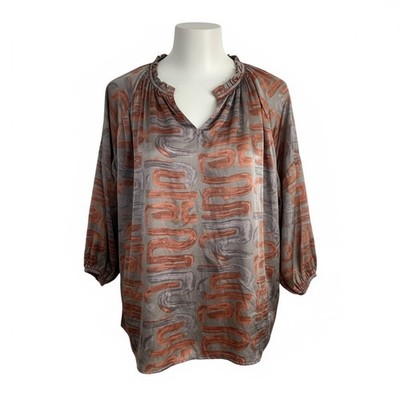 Entro Women's Gray Orange Swirl Print V-Neck Ruffle Neck 3/4 Sleeve Top Size S