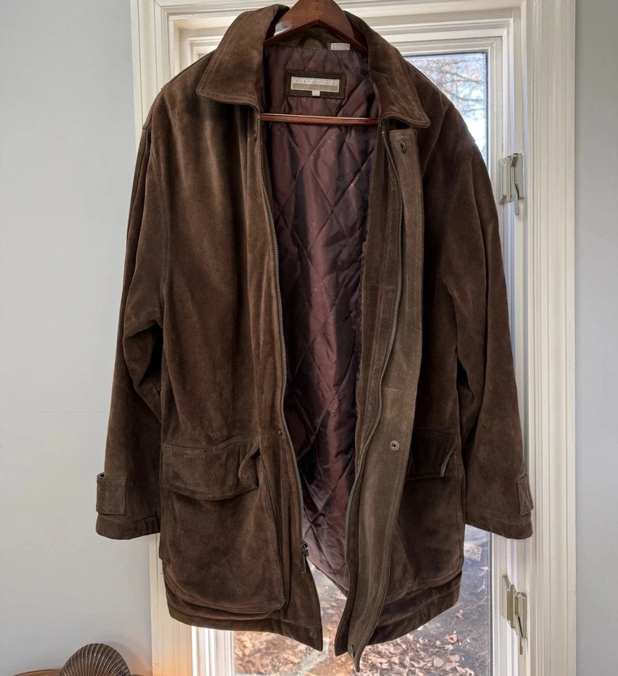 Perry Ellis Jacket Large Mens Brown 100% Genuine Suede Leather Heavy Coat Winter - Image 3 of 4