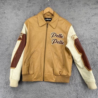 Pelle Pelle Leather Varsity Jacket 14 Tan Cream Burgundy Streetwear Embroidered