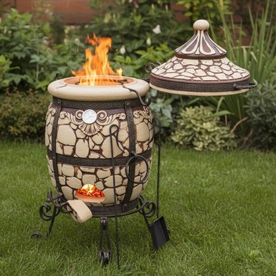 Tandoor Stein, Grill-Ofen, Gartenküche, Keramik BBQ-Ofen mit Spießen, Grillrost