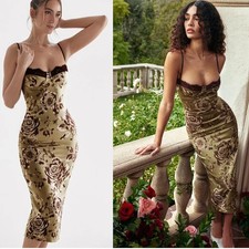 NEW, House of CB Floral Print Midi Dress in Green/brown SZ L+ #MD2364