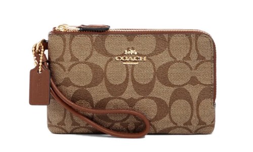 NWT Coach 87591 Double Corner Zip Wristlet In Signature Canvas Khaki Redwood