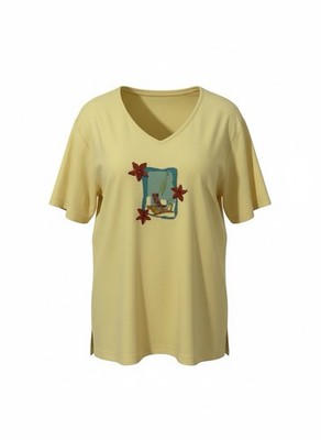Victoria Jones Top Yellow Women Plus Size 1X Short Sleeve V-neck Tropical