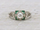 Art Deco Round Cut Lab Craeted Diamond & Emerald 925 Silver Engagement Gift Ring