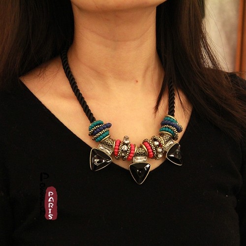 Collar Cordón Étnico Gota Negro Mini Cuenta Azul Retro Original Regalo QT 1 |