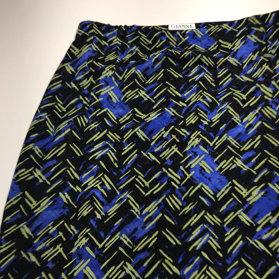 Gianni Skirt Womens 16 Black Blue Gold Patterned Long Mock Wrap Linen Rayon USA - Imagem 3 de 4