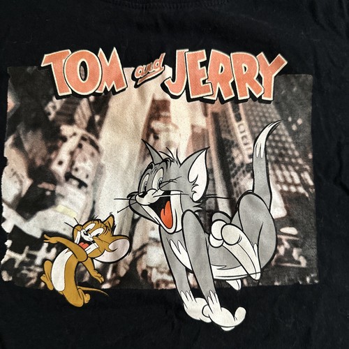 Kids T-Shirt Tom and Jerry Brand Black Size Large with Front and Sleeve Graphic - Picture 2 of 7