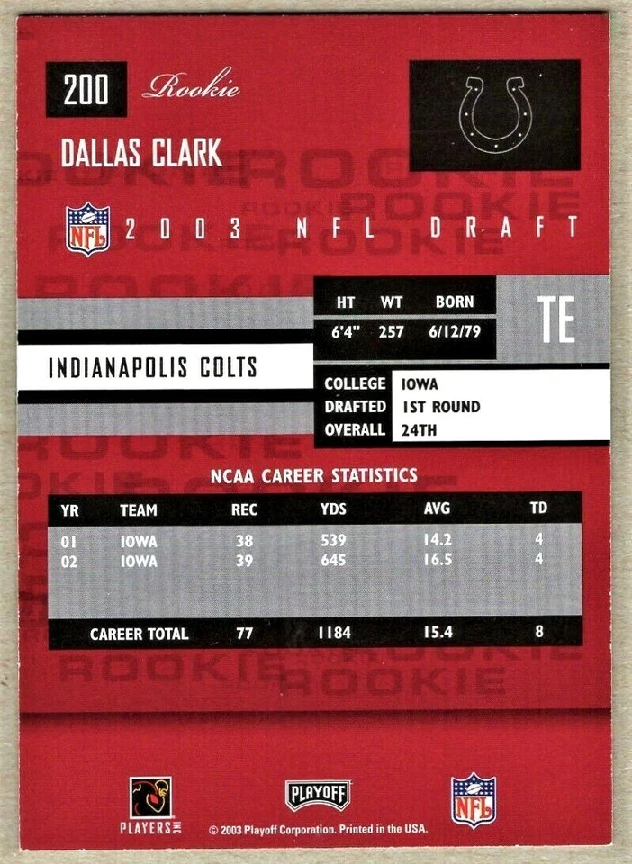 DALLAS CLARK - 2003 PLAYOFF PRESTIGE RC - Image 2 of 2
