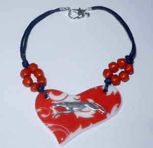 ALMOST FREE! Red + White Porcelain Heart Cord Bracelet w SP Greyhound Dog Charm