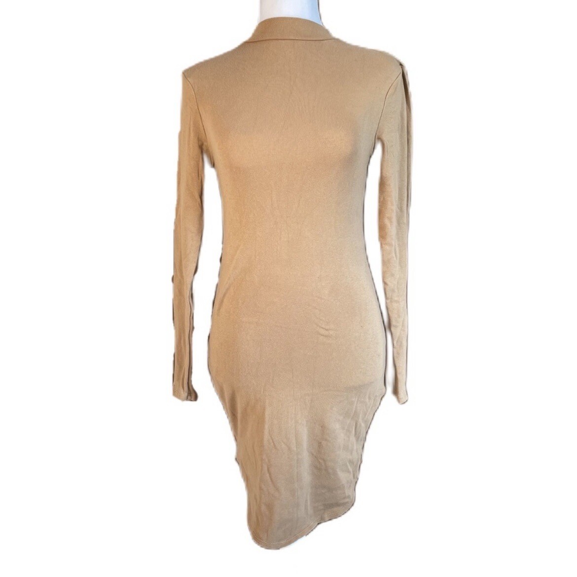 knee length dresses for ladies Tan Ribbed Long Sleeve Button Mini Alexia Dress L main image 1