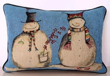 Winter- Pair Of Snowmen, "Snowmates", Funny Hats & Scarfs Tapestry Pillow New