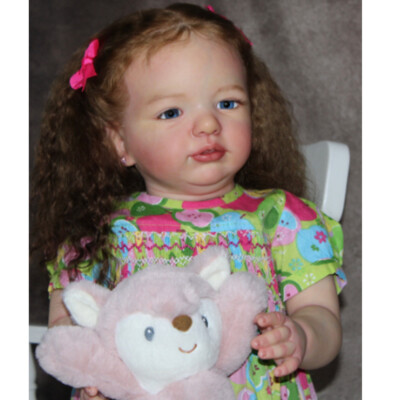 28'' Painted Reborn Doll Cute Toddler Girl Brown Rooted Curly Hair Cloth Body Toy