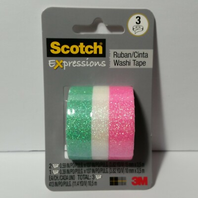 Scotch Expressions Washi Tape 3 Rolls Glitter Pink White Green 