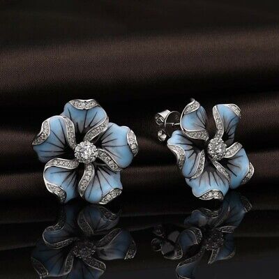 Sterling Silver 925 White Sapphire Flower Stud Earrings 