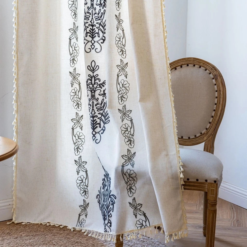 Elegantes cortinas de algodón y lino con bordado floral damasco Foto 4 de 4