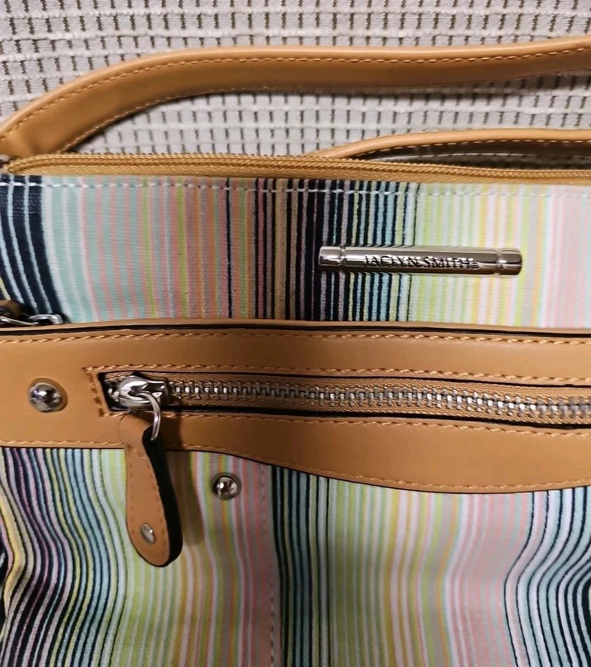 Bolso de hombro Jacklyn Smith Steiped de algodón y cuero vegano LNC Foto 3 de 4