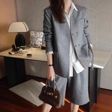 New Autumn Womens Wool Business Coat Pants Set Belt Suit Jacket+mid Length Pants