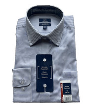 George Men  s M Classic Long Sleeve Fit Stretch Collar Blue Checker Dress Shirt