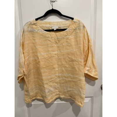 J Jill Top Womens L Petite Purejill Linen Cropped Wide Orange Striped Tie Dye