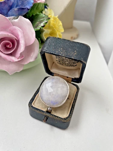 GORGEOUS VINTAGE MODERNIST SOLID 925 STERLING SILVER LABRADORITE  RING SIZE K 5