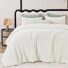 Fluffy King Size Comforter Set - Super Soft Faux Fur Cream White Comforter Ki...