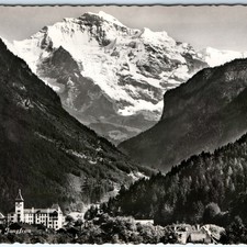 c1920s Interlaken, Switzerland RPPC Jungfrau Peak Alps Hotel Valley Church A348