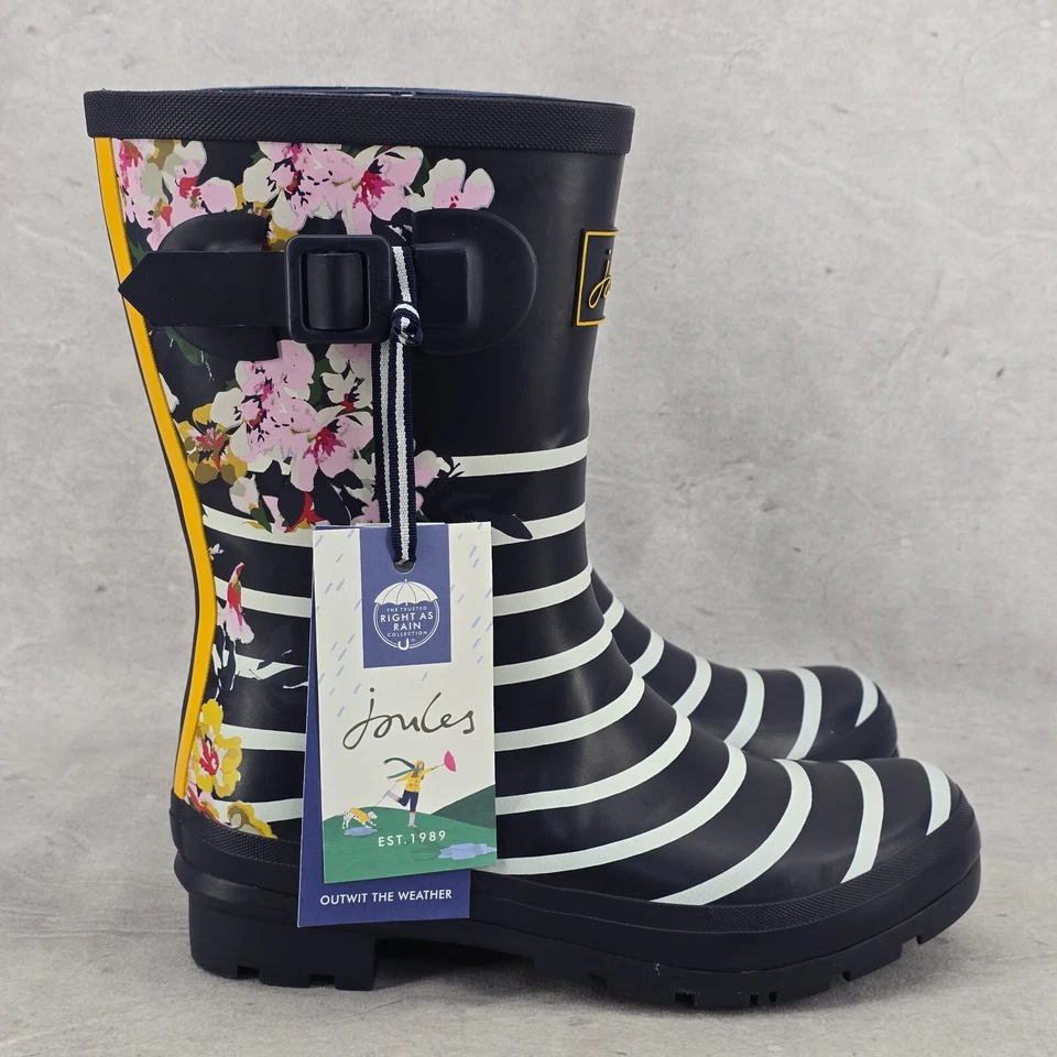 Nuevas Botas de Lluvia Joules Media Pantorrilla Molly Welly Rayas Florales Talla EE. UU.: 6 REINO UNIDO: 4 Foto 3 de 4