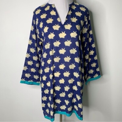 Roberta Roller Rabbit Women's V Neck Blue Cream Tunic Bunny Print Size Small