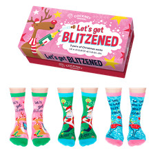 LETS GET BLITZENED 3 PAIRS LADIES CHRISTMAS SOCKS FOR LADIES UK 4 - 8 GIFT BOXED