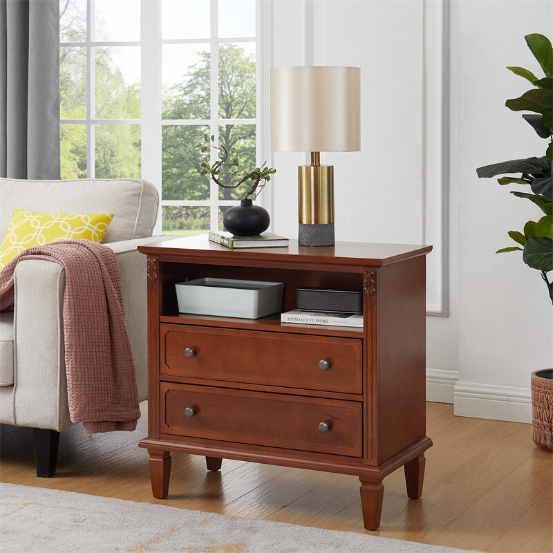 Walnut Nightstand with Charging Station Bedroom End Table with Storage Drawers