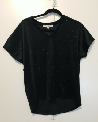 LOFT Petites Top Small Petite Black Silver Studded V-Neck Soft Velour