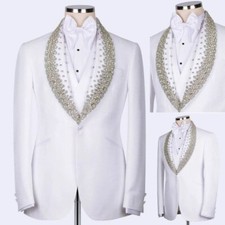 Men Fashion White Beaded Suit Tuxedo Shawl Lapel Jacket Formal Wedding Elegant