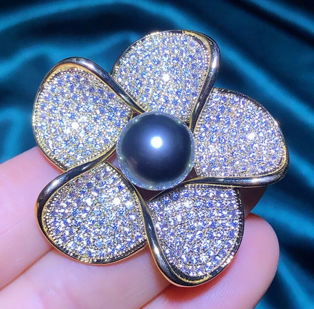 Натуральный 11-12 мм пресноводный черный жемчуг кристалл цветок броши 18KGP для женщин - Изображение 3 из 4
