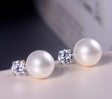 7-8mm Freshwater Pearl Sterling Silver Cubic Zirconia Stud Earrings Gift PE2