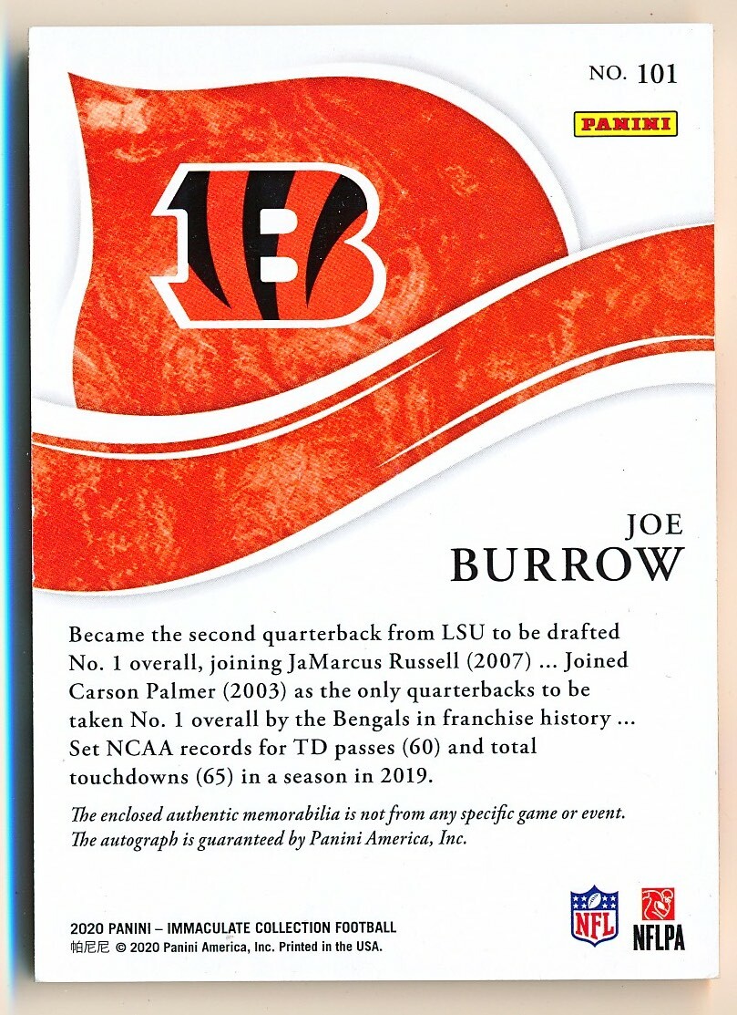 2020 Immaculate Joe Burrow RPA Patch Autograph Auto Rookie Rc #101