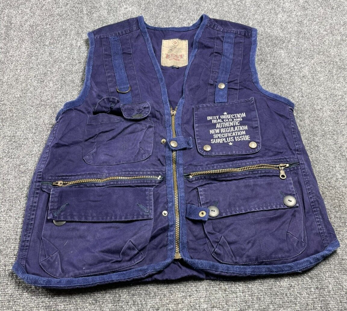 Men’s Blue Denim Cargo Vest Sleeveless Snap Zip Adjustable Waist Size M  